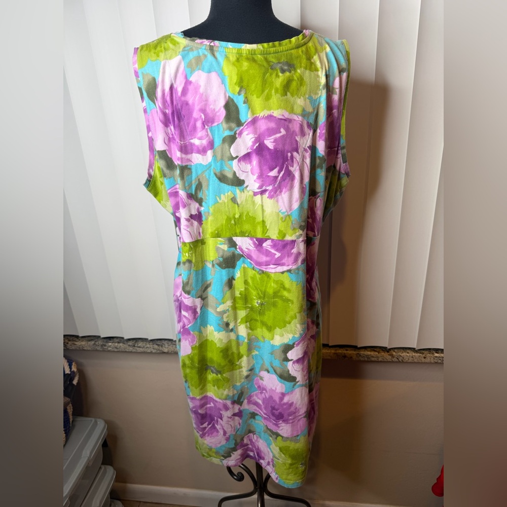 Caribbean Joe Floral Sleeveless Dress Blue Embroidered Neckline Accents Size 1X - Picture 5 of 7